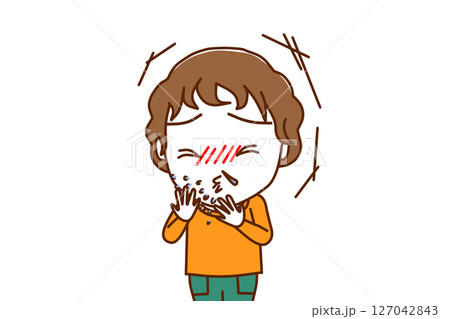 （上半身正面）風をひいて激しいくしゃみと鼻水がでる白人少年 127042843