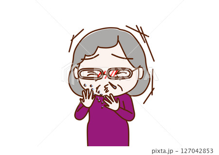 (上半身正面)風をひいて激しいくしゃみと鼻水がでる高齢の女性 (上半身正面)風をひいて激しいくしゃみと鼻水がでる高齢の女性 127042853