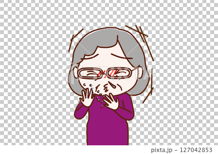 (上半身正面)風をひいて激しいくしゃみと鼻水がでる高齢の女性 (上半身正面)風をひいて激しいくしゃみと鼻水がでる高齢の女性 127042853