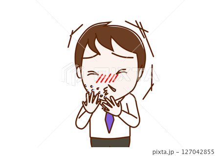 (上半身正面)風をひいて激しいくしゃみと鼻水がでる男性 (上半身正面)風をひいて激しいくしゃみと鼻水がでる男性 127042855