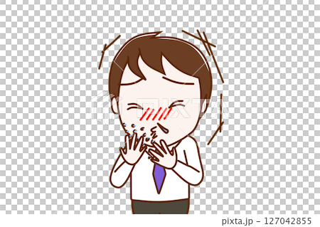 (上半身正面)風をひいて激しいくしゃみと鼻水がでる男性 (上半身正面)風をひいて激しいくしゃみと鼻水がでる男性 127042855