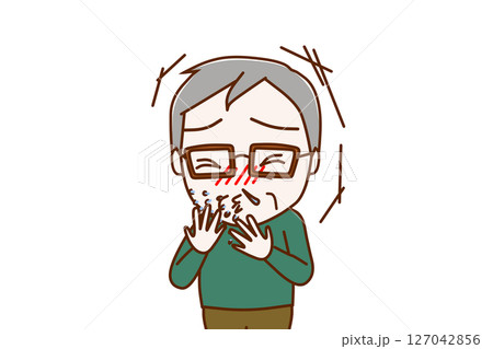 (上半身正面)風をひいて激しいくしゃみと鼻水がでる高齢の男性 (上半身正面)風をひいて激しいくしゃみと鼻水がでる高齢の男性 127042856