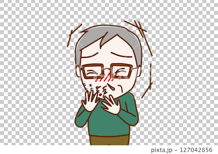 (上半身正面)風をひいて激しいくしゃみと鼻水がでる高齢の男性 (上半身正面)風をひいて激しいくしゃみと鼻水がでる高齢の男性 127042856