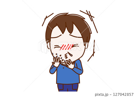 (上半身正面)風をひいて激しいくしゃみと鼻水がでる少年 (上半身正面)風をひいて激しいくしゃみと鼻水がでる少年 127042857