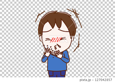 (上半身正面)風をひいて激しいくしゃみと鼻水がでる少年 (上半身正面)風をひいて激しいくしゃみと鼻水がでる少年 127042857