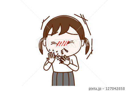 (上半身正面)風をひいて激しいくしゃみと鼻水がでる女子学生 (上半身正面)風をひいて激しいくしゃみと鼻水がでる女子学生 127042858