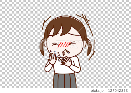 (上半身正面)風をひいて激しいくしゃみと鼻水がでる女子学生 (上半身正面)風をひいて激しいくしゃみと鼻水がでる女子学生 127042858