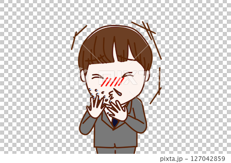 (Front upper body) A male student who has caught a cold and is sneezing violently and has a runny nose (Front upper body) A male student who has caught a cold and is sneezing violently and has a runny nose 127042859