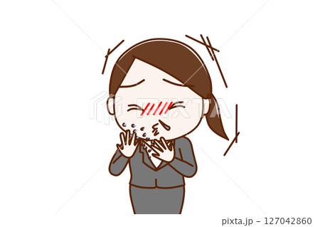 (上半身正面)風をひいて激しいくしゃみと鼻水がでるスーツ姿の女性 (上半身正面)風をひいて激しいくしゃみと鼻水がでるスーツ姿の女性 127042860