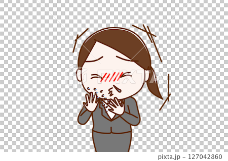 (上半身正面)風をひいて激しいくしゃみと鼻水がでるスーツ姿の女性 (上半身正面)風をひいて激しいくしゃみと鼻水がでるスーツ姿の女性 127042860