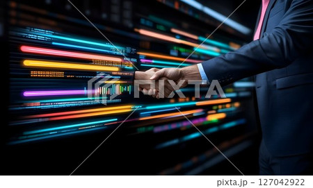 Business partnership handshake digital data stream background 127042922