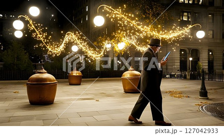 Man walking city night using phone golden sparkling lights Man walking city night using phone golden sparkling lights 127042933