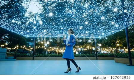 Woman using phone under illuminated canopy at night Woman using phone under illuminated canopy at night 127042935