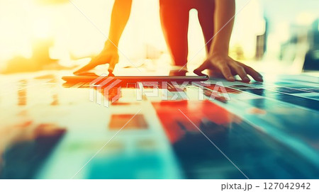 Person using tablet reviewing colorful papers close up 127042942