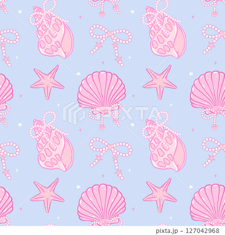 Retro coquette Summer seamless pattern seashells with Pearl bow in Pink Coastal beach vibe for cute girly fabric and wallpaper design 127042968