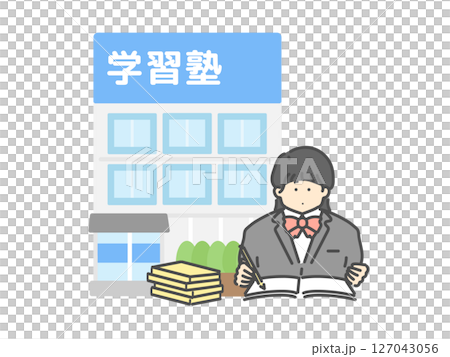 High school girls studying, cram school, building illustration 127043056