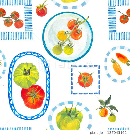 Mediterranean summer seamless pattern featuring cute Italian cuisine elements, farm tomatoes, and traditional ceramic plates. Perfect for textile design, wallpaper, packaging, and kitchen-themed 127043162