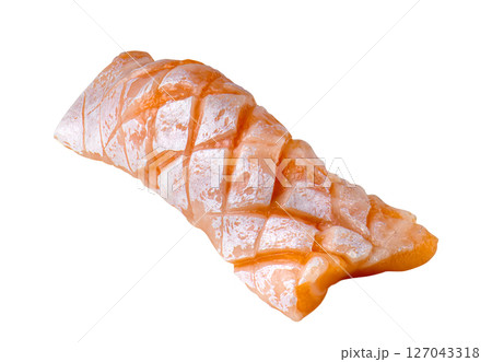 Fresh Salmon Belly Sashimi with Decorative Scoring on White Background 127043318
