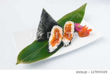 Japanese Onigiri Rice Ball with Salmon Roe (Ikura) Filling Japanese Onigiri Rice Ball with Salmon Roe (Ikura) Filling 127043329