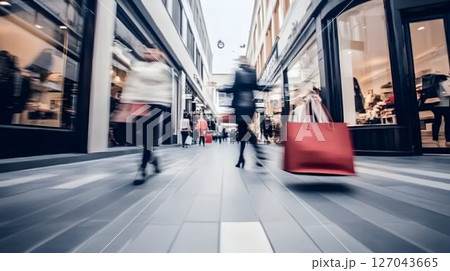 Blurred Motion of Shoppers in a Busy Shopping Arcade Blurred Motion of Shoppers in a Busy Shopping Arcade 127043665