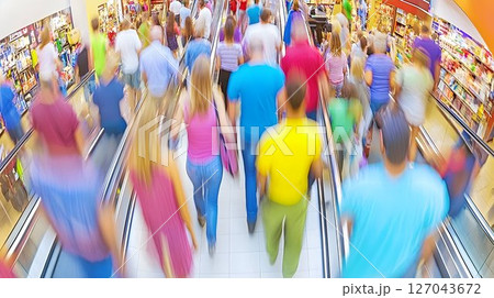 Blurred shoppers ascend escalator in vibrant mall, motion and co 127043672