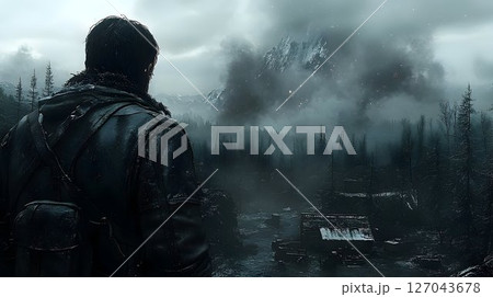 Solitary Figure Contemplates a Misty Mountain Landscape with Dil 127043678