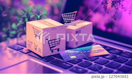 Online Shopping Concept with Cardboard Boxes, Miniature Cart, an 127043681