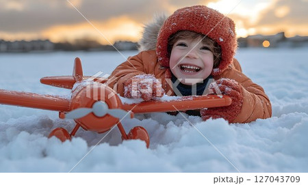 Happy child playing with toy airplane in snowy landscape 127043709
