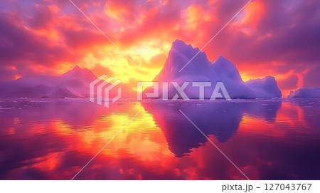Vibrant sunset reflecting on icebergs colorful nature scene 127043767