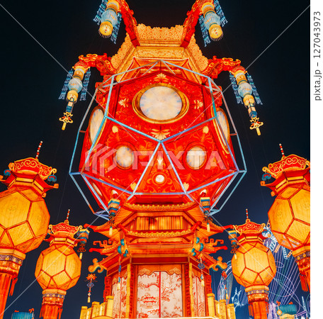 Beijing, China. Palace Lantern Reunion. On Chinese Lantern Festival, People Will Hang Red Lantern, Which Symbolizes Family Reunion. Zigong Lantern Festival In Beijing. Festival In Beijing Garden Expo Beijing, China. Palace Lantern Reunion. On Chinese Lantern Festival, People Will Hang Red Lantern, Which Symbolizes Family Reunion. Zigong Lantern Festival In Beijing. Festival In Beijing Garden Expo 127043973