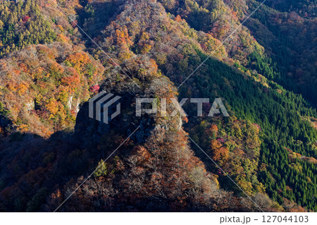 西上州・立岩から見る紅葉の山並みとジャンダルム 127044103