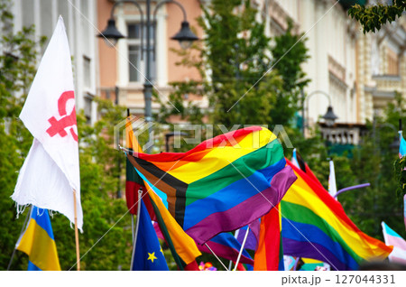 LGBTQ Pride Flags and Symbols at Equality Parade in Europe. Vilnius 127044331