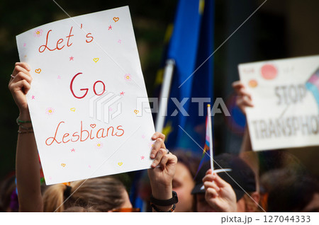 LGBTQ Pride Flags and Symbols at Equality Parade in Europe. Vilnius LGBTQ Pride Flags and Symbols at Equality Parade in Europe. Vilnius 127044333