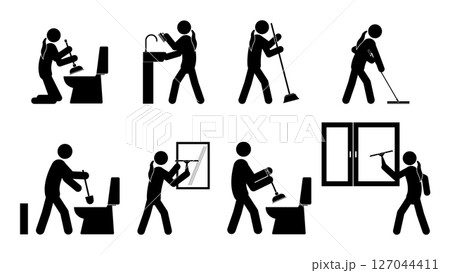 Set of stick figures, cleaning in the bathroom, vector illustration. 127044411