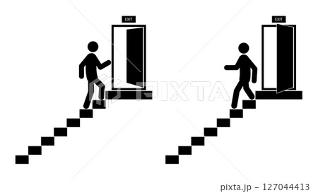Set of stick figures, movement along the emergency exit stairs, vector illustration. 127044413