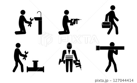 Set of stick figures, plumbing and repair, vector illustration. 127044414