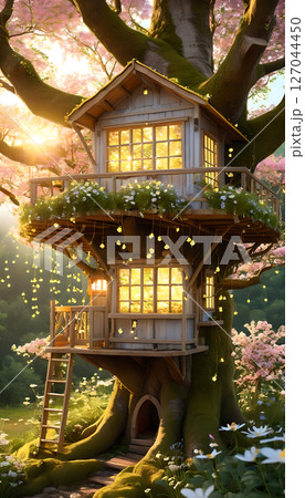 ファンタジーのようなツリーハウスと桜の木｜夢のような自然と光に包まれた癒しの風景素材 127044450