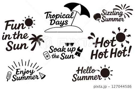手描き風・夏の英語フレーズ素材セット（Fun in the Sun）／モノクロ 127044586