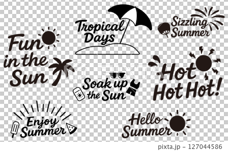 手描き風・夏の英語フレーズ素材セット（Fun in the Sun）／モノクロ 127044586