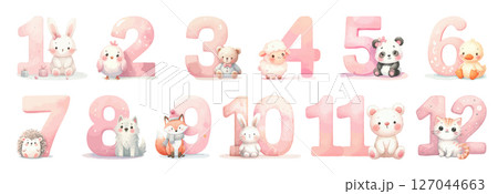 Watercolor Set of Cute Baby Animals and Numbers. 127044663