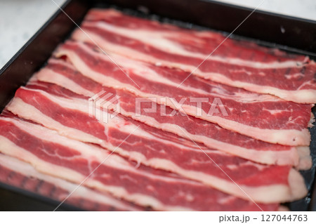 Close up of sliced raw meat. prepared for cooking Close up of sliced raw meat. prepared for cooking 127044763