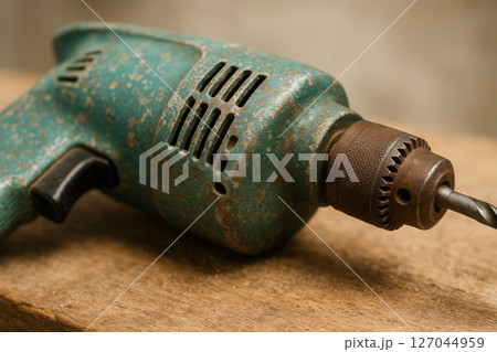 Vintage Electric Drill Close-Up With Shallow Focus Industrial Tool Detail 127044959
