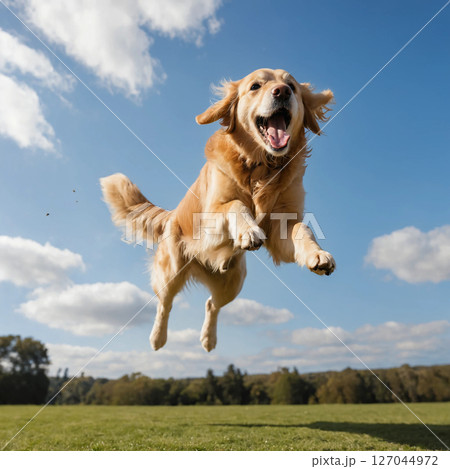 A joyful Golden Retriever leaps high in a sunny field under a blue, cloudy sky. 127044972