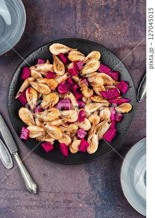 Grilled tasty shrimps, photography. 127045015