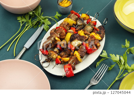 BBQ Meat Skewers. BBQ Meat Skewers. 127045044
