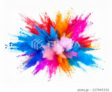Colorful powder explosion on a white background. Multicolored dust burst with vibrant energy, representing creativity, celebration, and abstract expression. Ideal for use in design, festivals, or conc 127045332