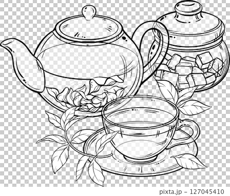 Cup of Tea, Teapot and Sugar Bowl  Outline Illustration. Cup of Tea, Teapot and Sugar Bowl  Outline Illustration. 127045410