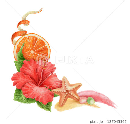 Summer corner arrangement with Hibiscus flower and starfish. Hand drawn watercolor artwork with orange and brushstroke. Beach graphic element. Perfect for card template and holiday season design. Summer corner arrangement with Hibiscus flower and starfish. Hand drawn watercolor artwork with orange and brushstroke. Beach graphic element. Perfect for card template and holiday season design. 127045565