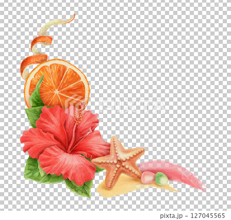 Summer corner arrangement with Hibiscus flower and starfish. Hand drawn watercolor artwork with orange and brushstroke. Beach graphic element. Perfect for card template and holiday season design. Summer corner arrangement with Hibiscus flower and starfish. Hand drawn watercolor artwork with orange and brushstroke. Beach graphic element. Perfect for card template and holiday season design. 127045565