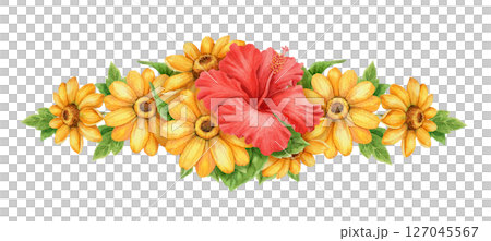 Red Hibiscus flower and sunflower wide bouquet arrangement. Hand drawn watercolor with floral and leaf. Vacation vibe graphic element. Perfect for summer card templates and holiday season design. Red Hibiscus flower and sunflower wide bouquet arrangement. Hand drawn watercolor with floral and leaf. Vacation vibe graphic element. Perfect for summer card templates and holiday season design. 127045567